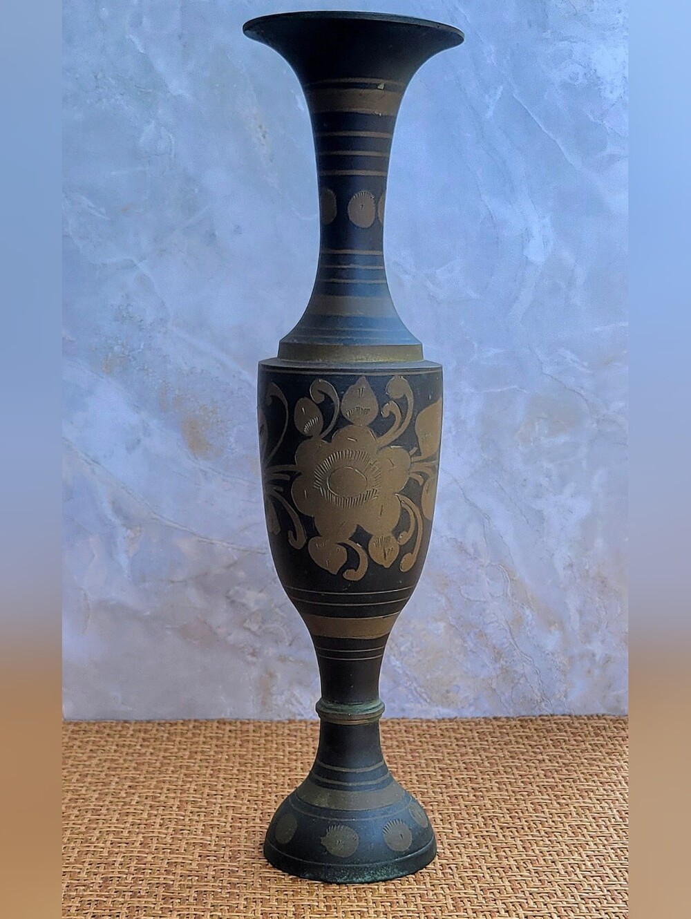 Vintage Black & Gold Etched Floral Brass Vase Made in India